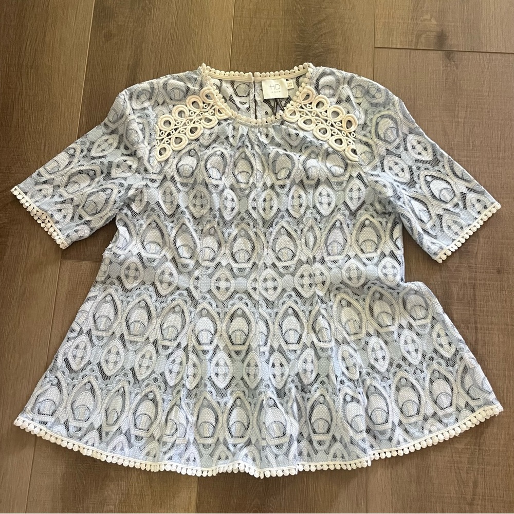 HD in Paris Anthropologie Blue Sheer Lace‎ Top SZ XS A-Line Fairy Whimsical 34” - Picture 11 of 13